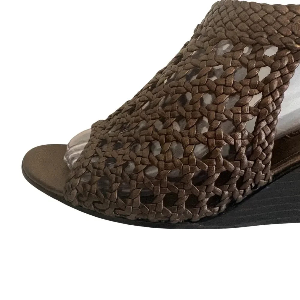 Brighton Realm Bronze Leather Woven Basketweave Wedge Sandals Feminine Boho